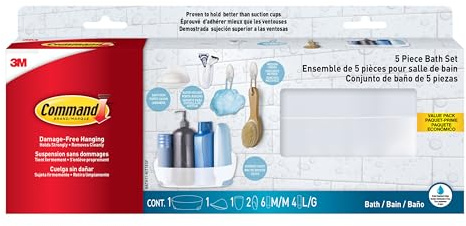 Command Bathroom Accessories, 5 Piece Bathroom Organizer Set - 1 Shower Caddy, 1 Soap Dish, 1 Toothbrush Holder, 2 Hooks with Water Resistant Strips