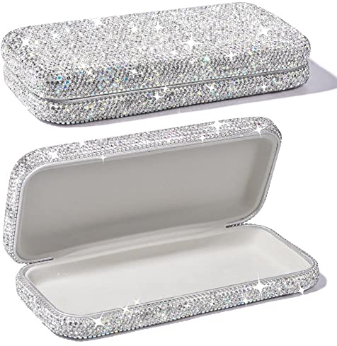 JSCARLIFE Coque rigide ornée de strass pour lunettes de soleil | Protection étincelante, design glamour, Argenté, Medium