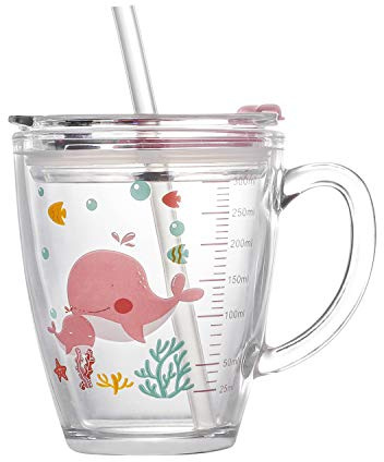 Kids Glass Milk Cup Childrens Measuring Cups Toddler Drinking Cup Cartoon Baby Straw Cups Child Transparent Glass Mug with Straw and Silicone lid for Microwave, Milk, Juice, Iced, Tea, Coffee, 300ml