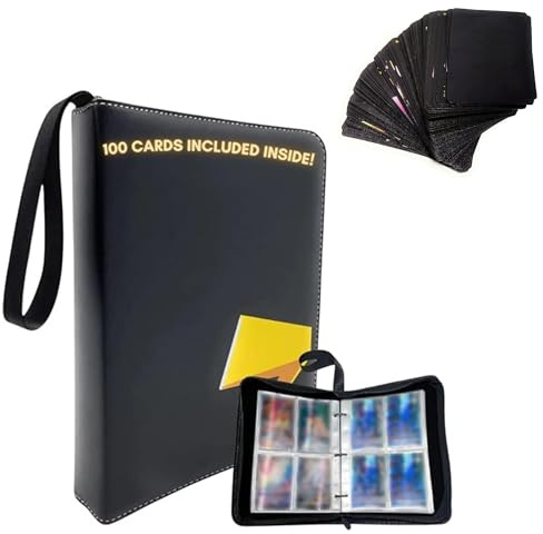 Album per 400 Carte da Collezione con 100 Incluse (55 in PVC Nero e 5 Buste con Contenuto Casuale) - Realizzato in Similpelle con Chiusura a Cerniera
