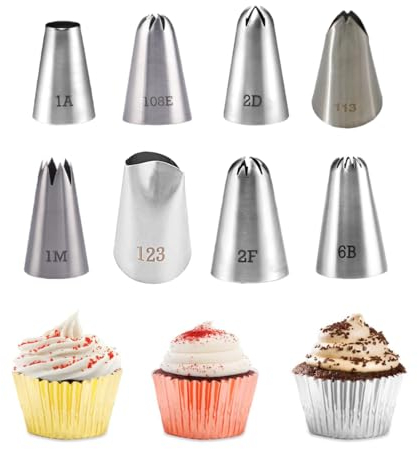 Beccucci Sac a Poche Grandi, 8 Pezzi Beccucci in Acciaio Inox, Decorazione Torte Set, Bocchette Decorative Accessori per Cupcakes per Decorare Torte per Cottura Fai da Te Torta alla Crema Cupcake