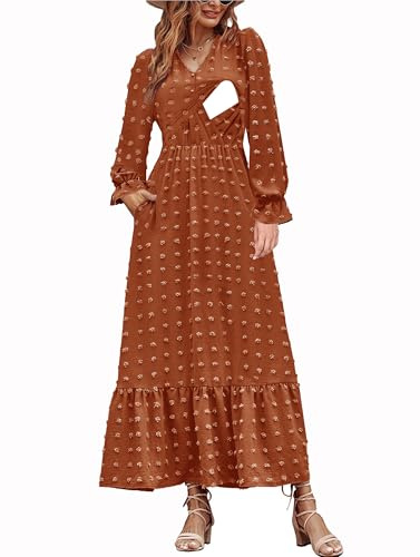 CzzzyL Women Nursing Boho Maxi Dress 2024 Breastfeeding Long Sleeve V Neck Swiss Dot Smocked High Waisted A-Line Ruffle Tiered with Pockets Brown Small