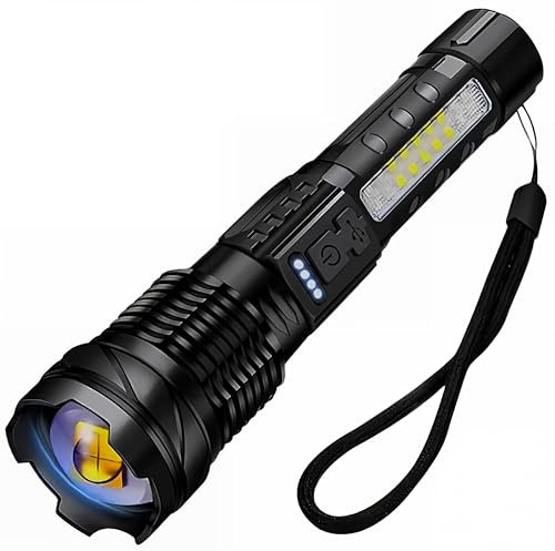 🆄🅽🆂🅴🆁 𝗧𝗜𝗣𝗣: LED Taschenlampe mit Zoom, extrem hell, effektive Leuchtweite 200m+, seitlichen weißen COB Licht, rot/blau Stroboskop, Handschlaufe, Gürtelclip und USB-C wiederaufladbaren Akku