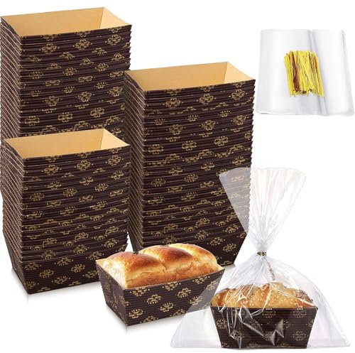 YFNVH 100 mini teglie di carta usa e getta, con sacchetti trasparenti per il pane e cravatte dorate, stampi rettangolari in carta da forno per cucina, panetteria, panettieri e torte
