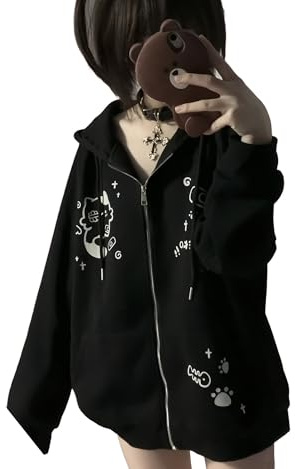 Dynict Womens Y2K Zip Up Cute Graphic Hoodies Cat Ears Casual Cartoon Harajuku Kawaii Clothes Oversize Streetwear Jacket (US, Alpha, Large, Regular, Regular, Black)