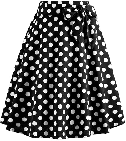 WERFORU Damkjol midikjol 50-talet kjol polka prickig rockabilly vintage en linje swing veckad kjol med bälte