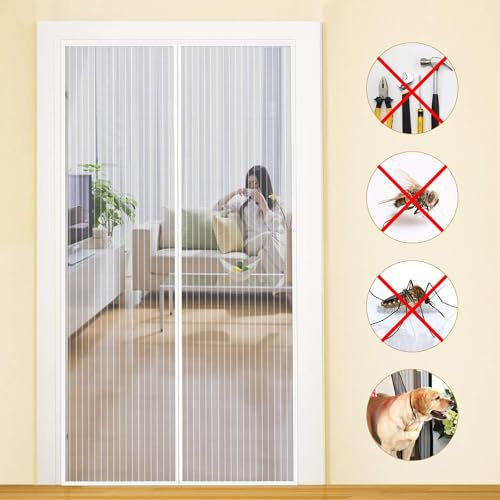 MYCARBON Moustiquaire Porte Fenêtre Aimantée 140x210cm Maille Ultra Fine Fermeture Automatique Rideau de Porte Magnétique Anti Mouche Anti Insectes Installation sans Perçage avec Ruban Adhésif, Blanc