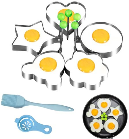 7-Piece Stainless Steel Non-Stick Egg Rings Set - Pancake Molds, Star & Flower Shapes for Frying Pan (Multi-Shape Egg & Pancake Maker)