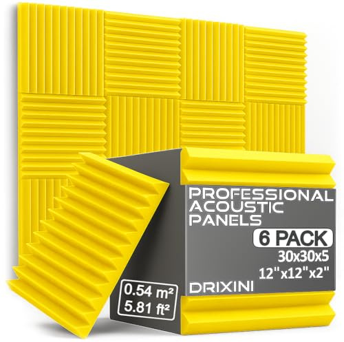 DRIXINI Pannelli acustici 30 x 30 x 5 cm, schiuma fonoassorbente professionale per studio, podcast, casa e ufficio - set da 6-48 pezzi con nastro - smorzamento del riverbero e decorazione 3D (giallo