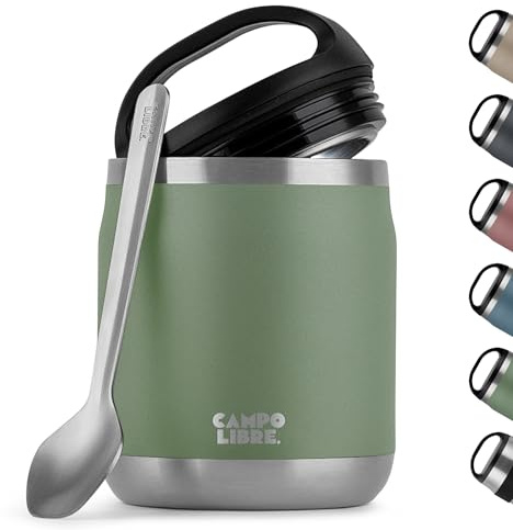 Campo Libre.® Lotta, Thermobehälter für Essen, Edelstahl Thermobecher Essen mit Löffel, Warmhaltebehälter Essen, Mueslicup oder Babybrei Warmhaltebox, Thermo-Essensbehälter, Green, 600ml