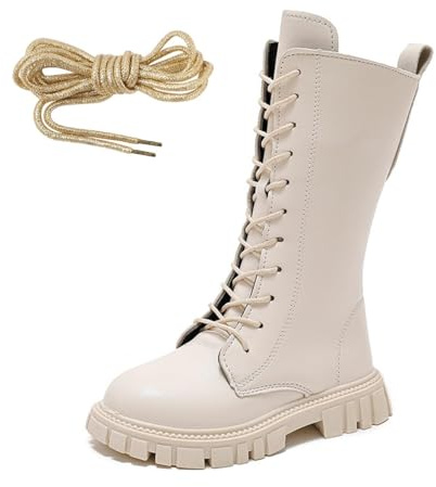 Reitstiefel Kinder Mädchen Klassische Hohe Stiefel Punk Boot Lace Up Riding Boots Schnürstiefel Winterstiefel Mädchen Mittelere Stiefel PU Leather Side Lined Zipper Stiefeletten (White, 33 Big Kids)