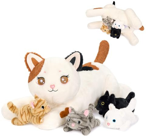 shownicer Ensemble de peluches de chat, 5 pièces, animal en peluche kawaii, chat en peluche, oreiller en peluche, jouet, cadeau pour enfants filles (famille de chats calico)
