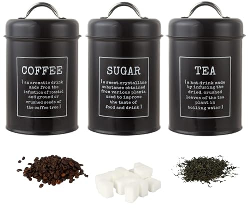 Juego de almacenamiento de té, café y azúcar, juego de botes de cocina negros, 3 botes de metal de 1200 ml para té, café, azúcar con tapas herméticas, frascos vintage para alimentos, galletas