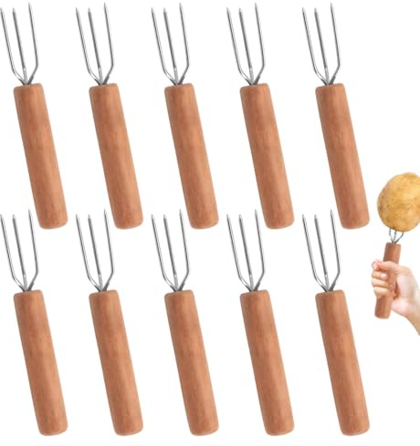 UYVPAER 10 Forchette Per Cioccolatini, Forchette Per Patate, Forchettone Per Patate In Acciaio Inox, Manico In Legno Di Faggio, Posate Per Insalata In Acciaio Inox(B)