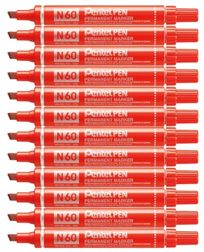 Pentel Pen N60 Marcatore Permanente Punta Scalpello Rosso 12 Pezzi