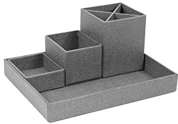 Bigso Box of Sweden Organizador de escritorio para bolis, clips, notas, etc. – Caja clasificadora con 4 compartimentos – Sistema organizador de tablero de fibras y papel con aspecto de lino – gris