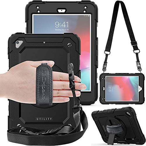 TECHGEAR UTILITY Case fits Apple iPad Mini 5th Gen 2019 / iPad Mini 4 Tough Rugged HEAVY DUTY Armour Shockproof Protect Case 360 Degree Rotating Stand, Hand Strap and Shoulder Strap - Black