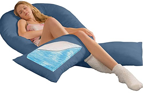 Traumreiter Visco XXL Seitenschläferkissen mit Bezug | Hybrid Kissen mit 1cm Memory Foam I U förmiges Schwangerschaftskissen mit Bezug taubenblau…
