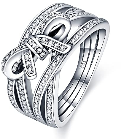 KUNSIR 925 Sterling Silber Liebesknoten Ring für Damen - Federring Schmuck Geschenk Mit Zirkonia - Gekreuzter Ring für Frauen