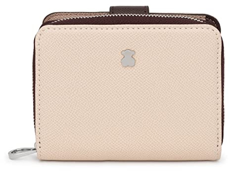 TOUS Cartera de Poliuretano con Efecto Saffiano en Marrón y Beige, Cierre Presión y Cremallera, Medidas 12 x 10 x 3 cm, Bonito y Chic, Colección Dubai