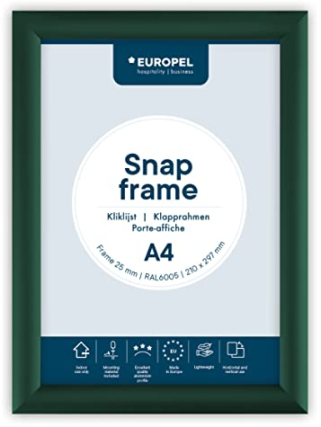 Europel Telaio a scatto leggero A4, verde, profilo 25x11 mm, alluminio anodizzato, protezione antiriflesso, dimensioni esterne 241x328 mm, retro in polistirolo grigio