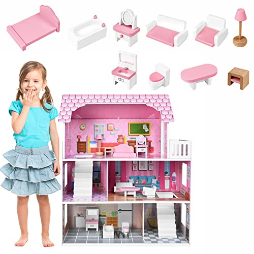 HENGMEI Puppenhaus Kinder Holz Puppenvilla 3 Etagen Haus Dollhouse Set Mädchen Spielset mit Möbeln und Zubehör, Puppenhäuser für Kinder, Mädchen (Typ A, 60x24x70cm)