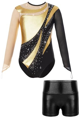 Hedmy Mädchen Turnanzug Gymnastikanzug Langarm Tanz Bekleidung Set Turnen Trikot Overall mit Kurze Hose Wettbewerb Tanzkostüm Gold & Schwarz 158-164