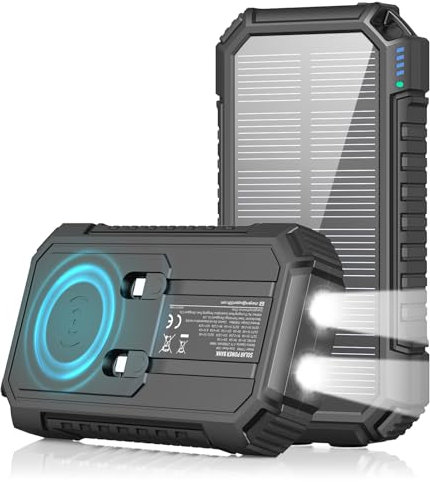 Cargador Solar Power Bank 27000mAh: Riapow 22,5W Carga Rápida Batería Externa Inalámbrica con 2 Cables Integrado y Linternas, USB C PD QC 3.0 Salida Cargador Portátil para Teléfono Tabletas (Negro)