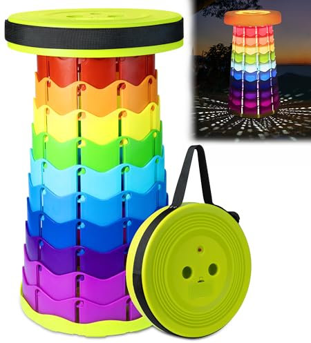 DeeprBling Tragbarer Teleskophocker mit LED-Licht, Klapphocker Faltbar für Camping, Angeln, Garten, Tragbarer klapphocker Regenbogen, Ausziehbarer Campinghocker Faltbar, Teleskophocker Faltbar 150 kg