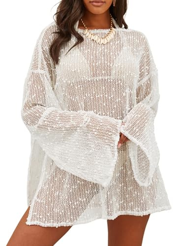 Lilosy Sexy Crochet Sheer Kaftan Caftan Beach Dress Bathing Suit Swim Coverup One Piece Women Knit See Through Swimsuit Bikini Swimwear Cover up White Large