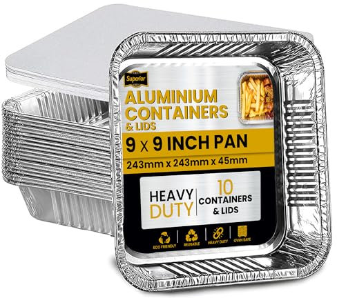 Superior 10-Pack Aluminium Foil Trays with Paper Lids, Heavy Duty Aluminium Takeaway Containers, Freezer & Oven Safe Tin Foil Trays For Baking, Cooking, Broiling, Storage Containers, 9 x 9 inch
