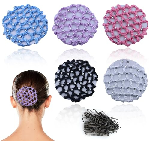 JRSHIRLEYLTD Rete per capelli, 5 pezzi con 50 mollette a forma di U, Retina per capelli con strass, adatta a tutti i tipi di capelli, Nero, Viola, Blu, Rosa, Bianco
