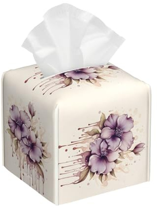 Mexpekil Square Tissue Box Cover Purple Flowers Pu Leather Tissue Box Cover Cube Tissue Box Holder For Bathroom Office Car Kitchen Napkins Facial Tissue Dispenser Cover