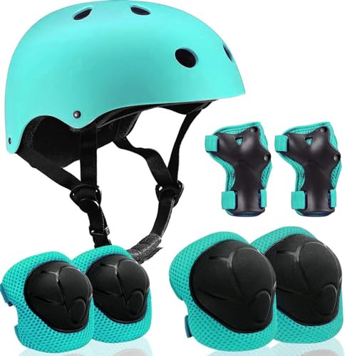 Casco ajustable para edades de 5 a 16 años, juego de equipo de protección con codo, rodilleras y muñequeras para niños, niñas, incluye patinaje, ciclismo, scooter, patinaje en línea (verde claro)