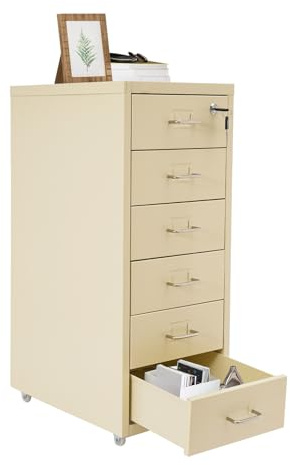 Mobiler Aktenschrank Abschließbar mit 6 Schubladen, Vertikaler Büroschrank Kommode Aufbewahrungsschrank Schubladenschrank für Zuhause und Büro (Beige)
