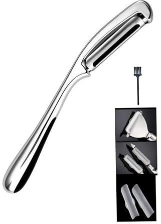 RQzaufania - Pelador de patatas en forma I, pelador de verduras de acero inoxidable, mango antideslizante y hoja dentada giratoria, incluye funda protectora y cepillo de limpieza.