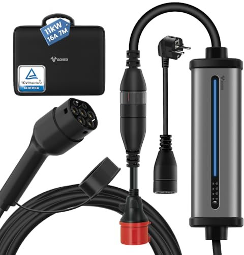 GONEO Mobile Wallbox Ladestation 11kW Typ 2 Ladekabel mit Einstellbarer Ladeleistung Timer [7m | 3-phasig | 8-16A IP66] EV-Ladegerät mit Schuko & CEE Stecker für Allen Elektrofahrzeuge mit Tragetasche