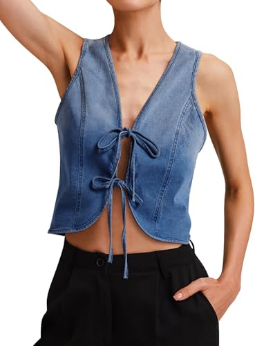 Womens Denim Vest Crop Sleeveless V Neck Denim Top Retro Tie Up Front Y2K Streetwear Jean Vest UK
