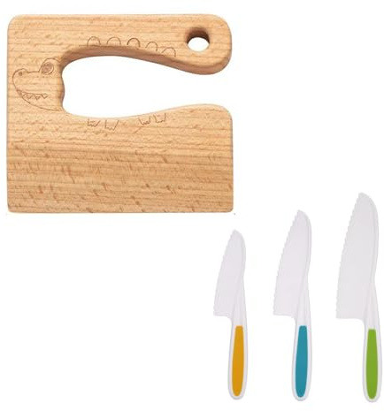 Guyode 4 Pezzi Accessori Cucina Bambini, Giocattolo Coltelli per Bambini Antitaglio, Ln Legno Set Coltelli da Cucina, Carino Coltello Finto per Tagliare Cucinare Frutta Verdura (Giallo/Verde/Blu)