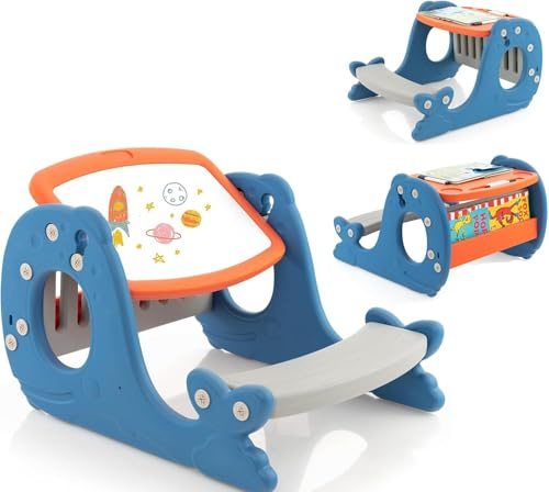 RELAX4LIFE 4 in 1 Set Tavolo con Sedie Convertibile per Bambini, con Cavalletto Regolabile, Lavagna Cancellabile, Panchina, Tavolo da Disegno con Panchina, a Forma di Balena, 1 + Anni, 67 x 54 x 39cm