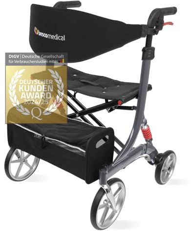 bescomedical Déambulateur extra large SPRING XL – Déambulateur pliant à hauteur réglable – Rollator léger en aluminium avec suspensions, large assise & filet de transport – Modèle S Gris Graphite