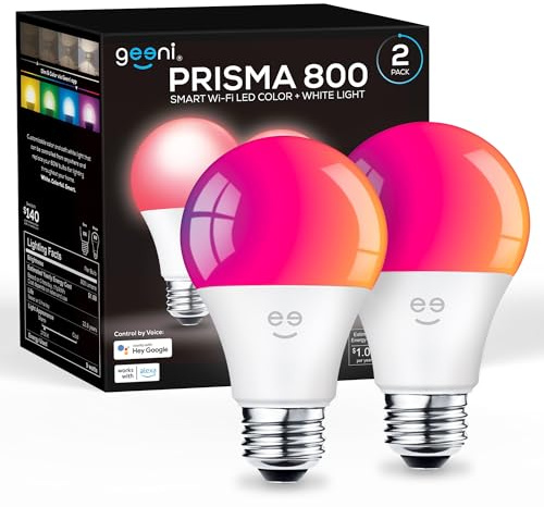 Geeni Prisma Smart Light Bulbs 2-Pack, Color Changing RGBW LED, A19, 800 Lumens, 60W Equivalent, Dimmable, 2700K, Works with Alexa & Google Home