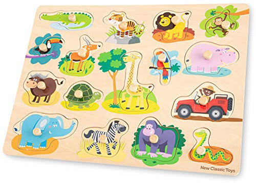 New Classic Toys 10441 Peg Puzzle-Safari-16 Pieces-FSC 100%-Certified Wood