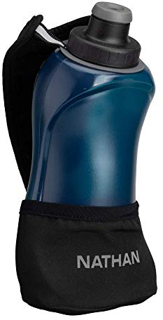 Nathan Botella de agua de mano ajustable sin agarre y correa de mano ligera para correr, botella de agua aislada de 12 onzas, hidratación reflectante