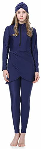 Wowdecor Traje de baño musulmán para mujer, 3 piezas, cobertura completa, cremallera frontal, traje de baño islámico, guardia de erupción burkini, Azul oscuro, 3X-Large