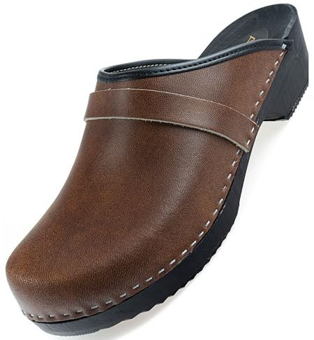 APREGGIO Herrenclogs aus Leder- Herren Lederclogs mit Holzsohle - Clogs mit Absatz - Gartenschuhe - Braun - Größe 45 EU