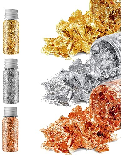 Luvadeyo 3 Stück 30ml Blattgold Flocken Multifunktionale Dekorative Folie Papier Goldfolie Papier Dekoration Küche Mousse Kuchen Backen Gebäck Handwerk Dekoration