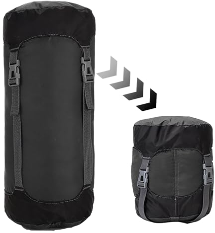 Compression Stuff Sack for Sleeping Bag,8L/15L/25L/35L Lightweight Waterproof Compact Compression Nylon Stuff Sack StorageBag,Travel Compression Bag for Camping,Backpacking,Clothes Storage (Black, S)