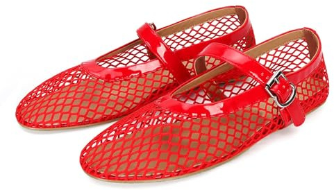 DOEYG Mesh Ballet Flats for Women Round Toe Mesh Flats Ballet Shoes Buckle Strap Mesh Mary Jane Flats Comfy Casual Office Summer Fishnet Ballerina Flats Shoes Red