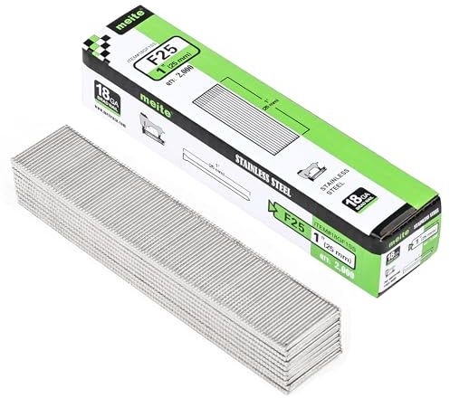 meite 18 Gauge Stainless Steel Brad Nails, Type 18G/25 mm 18GA Brad Nails, 304 Stainless Steel Small Finishing Nail Gun Nails for Pneumatic, Electric Brad Nailer Gun (2,000 Counts)